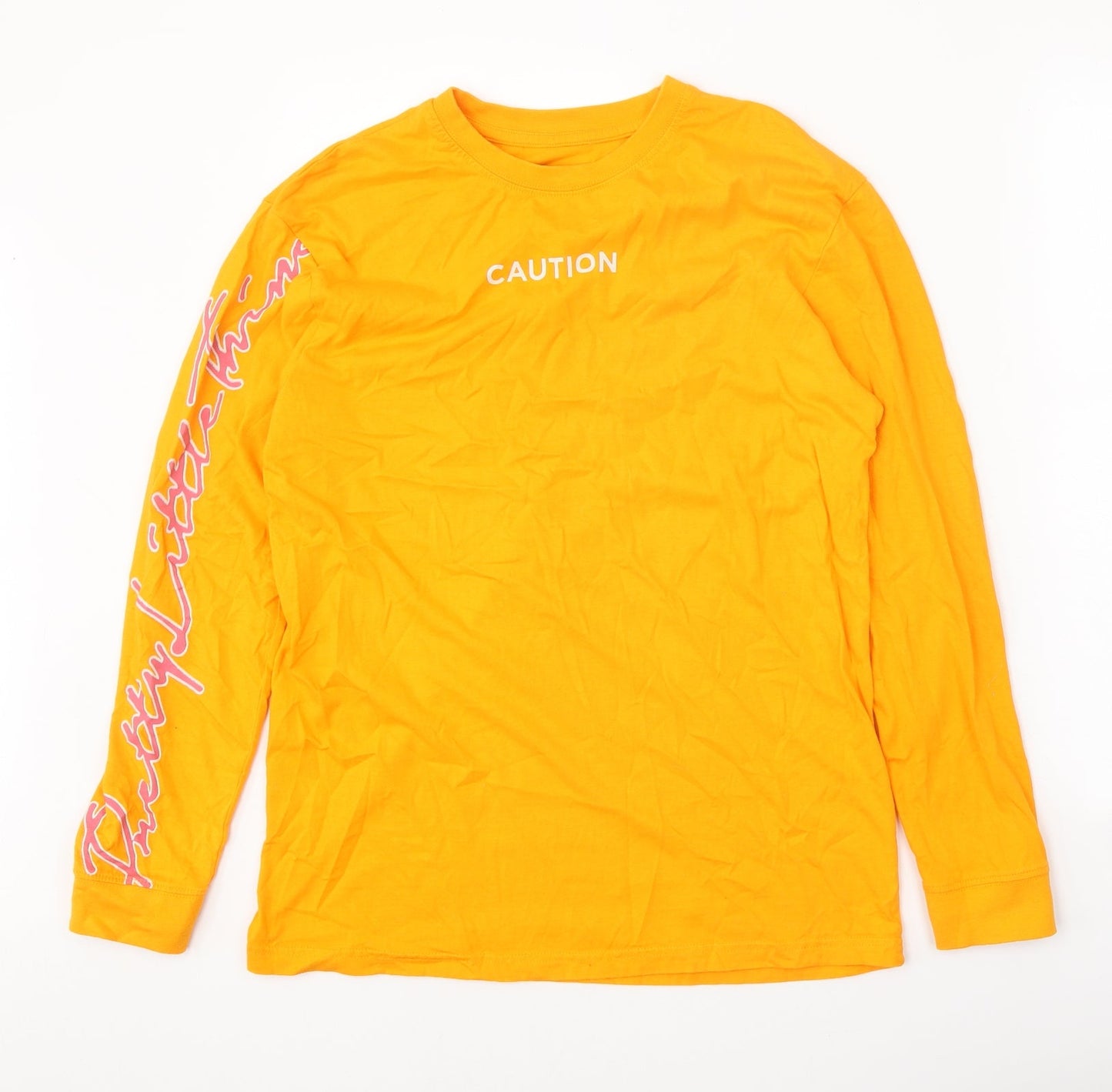 PRETTYLITTLETHING Womens Orange 100% Cotton Basic T-Shirt Size S Round Neck - Caution