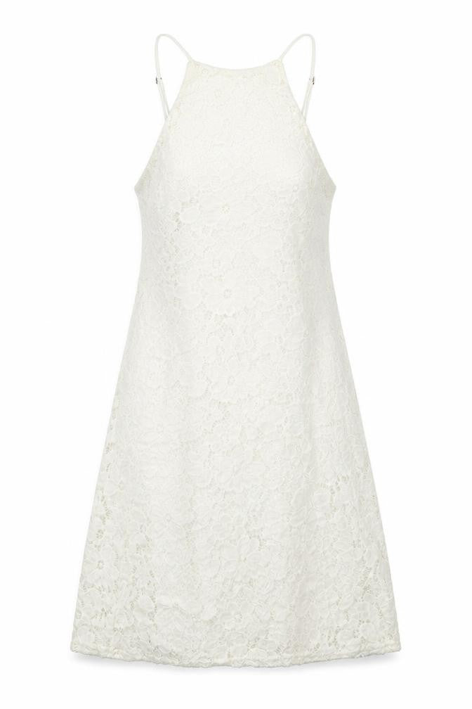 New Look Womens White Floral Nylon A-Line Size 8 Square Neck Zip - Lace Detail