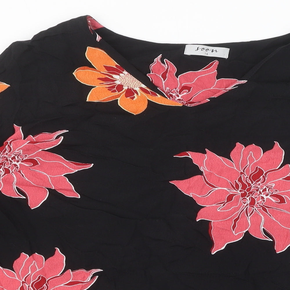 Soon Womens Black Floral Viscose Basic Blouse Size 14 V-Neck