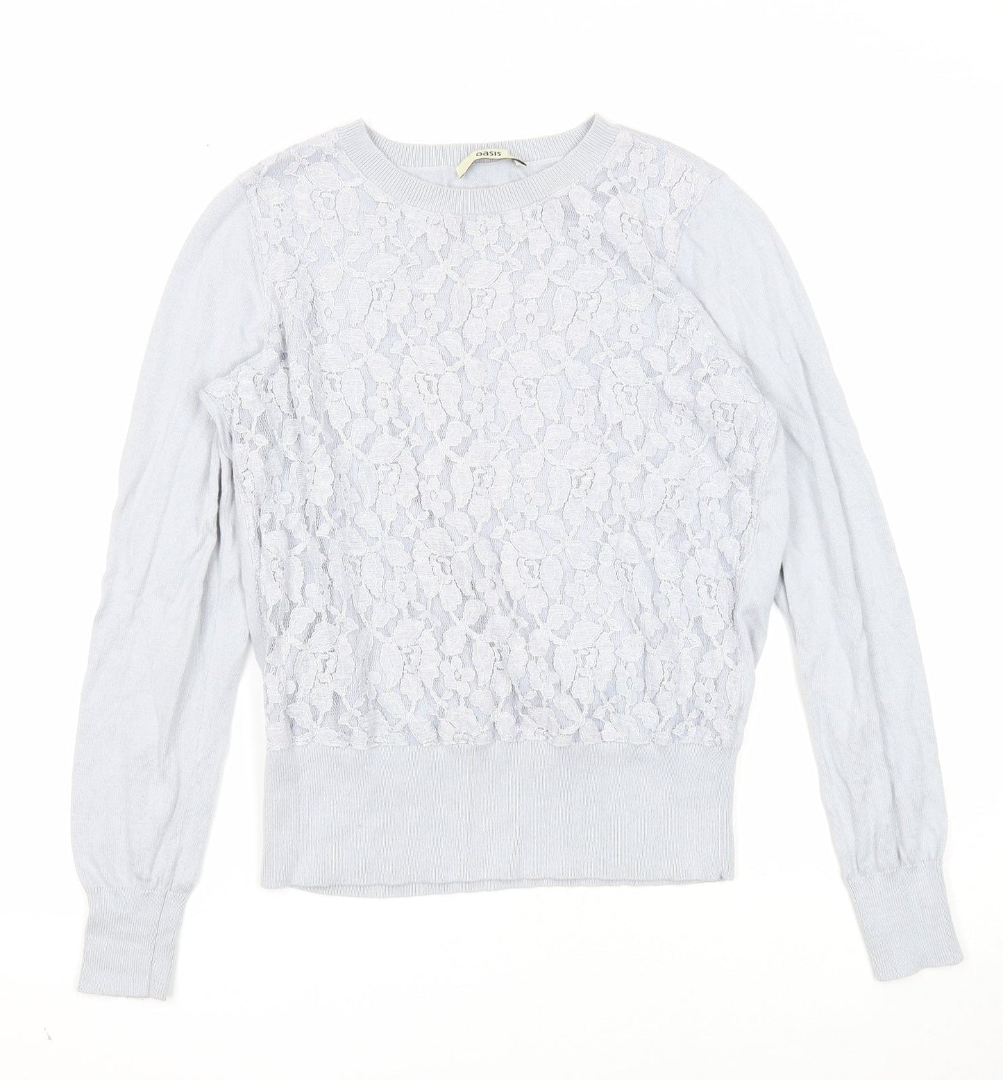 Oasis Womens Grey Round Neck Cotton Pullover Jumper Size S - Lace Detail