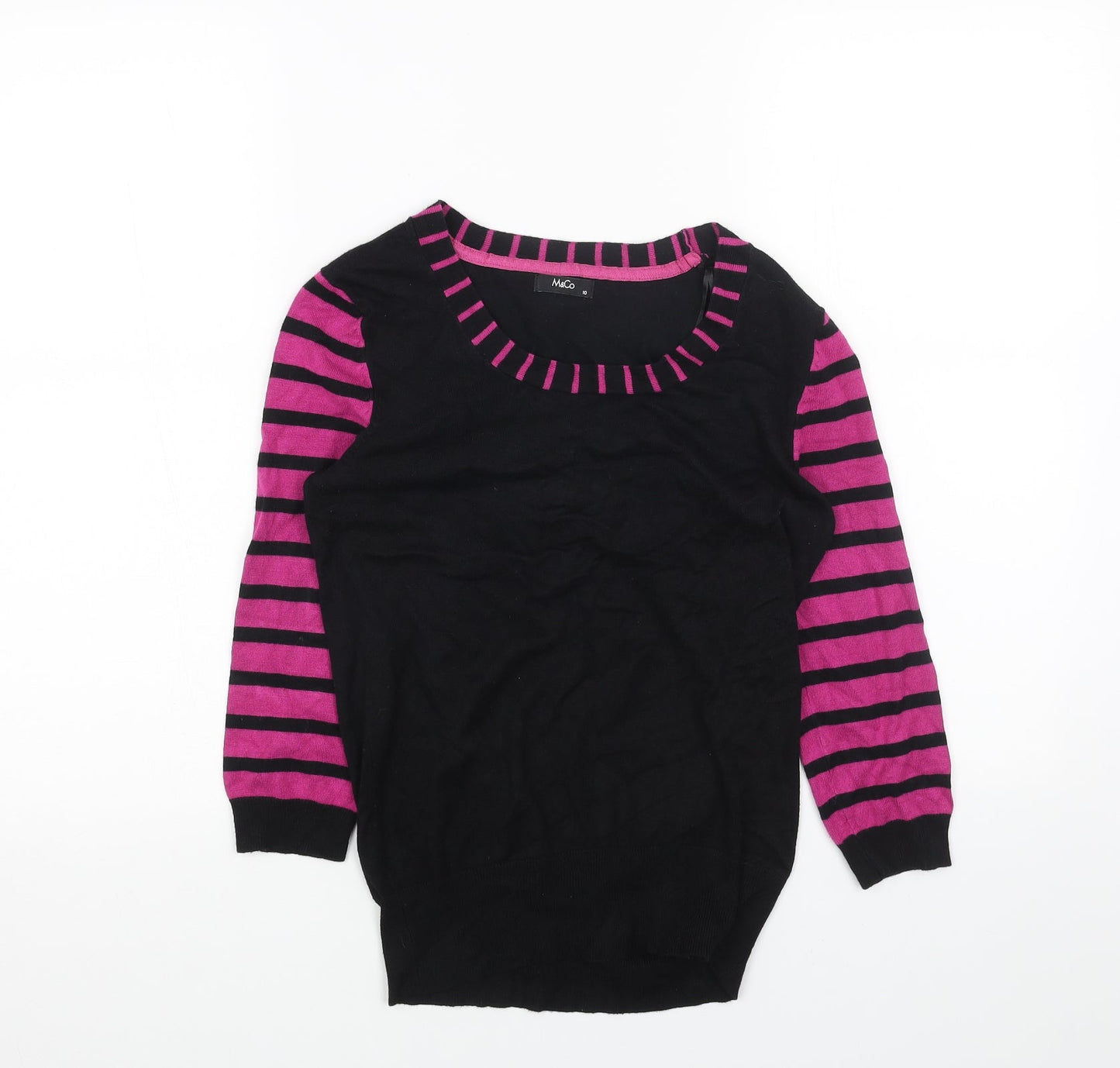 M&Co Womens Black Scoop Neck Striped Acrylic Pullover Jumper Size 10