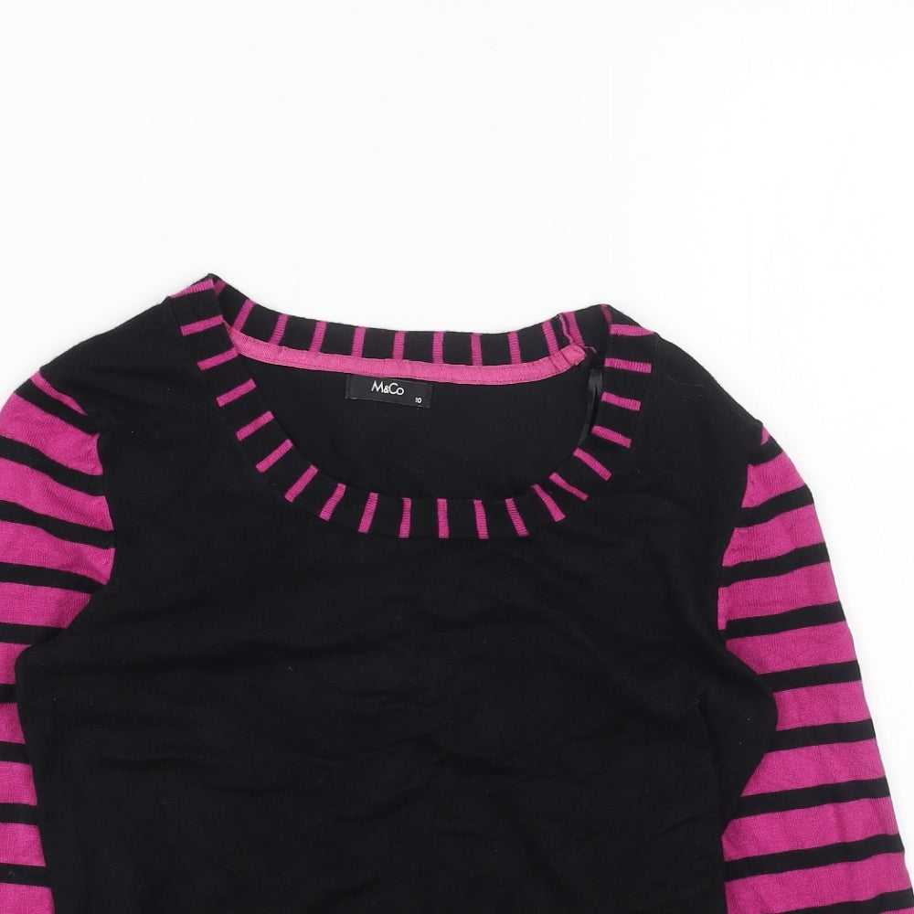 M&Co Womens Black Scoop Neck Striped Acrylic Pullover Jumper Size 10
