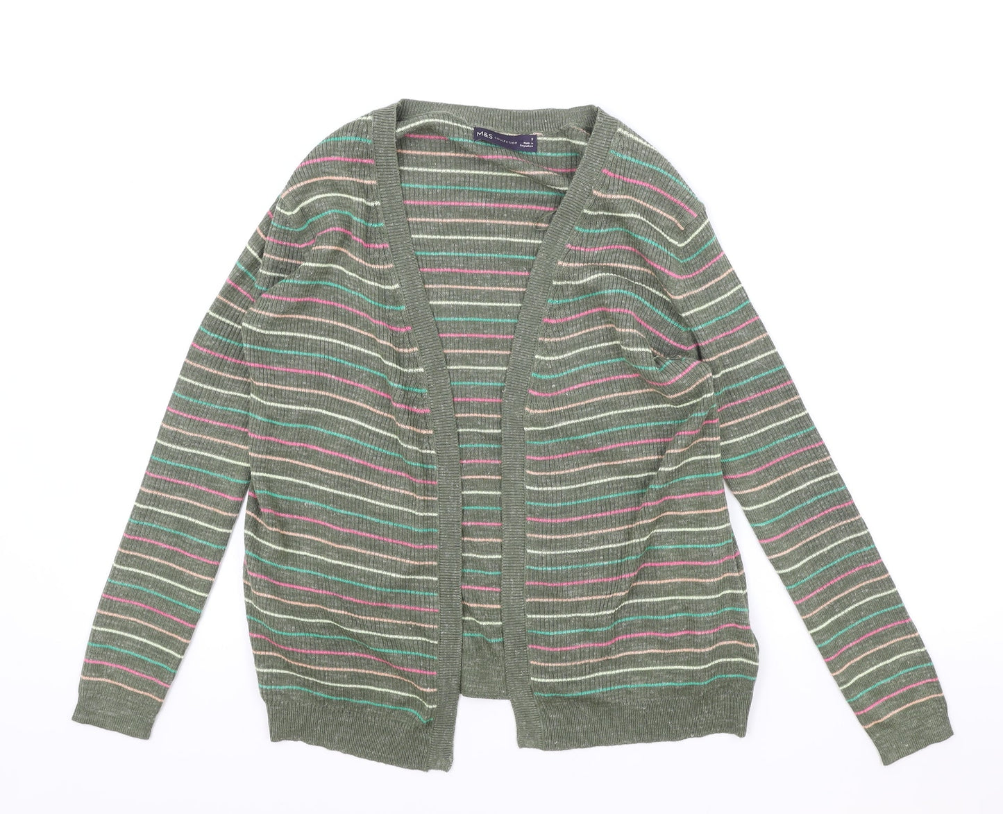 Marks and Spencer Womens Green V-Neck Striped Acrylic Cardigan Jumper Size S
