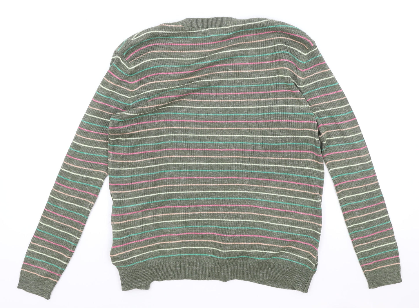 Marks and Spencer Womens Green V-Neck Striped Acrylic Cardigan Jumper Size S
