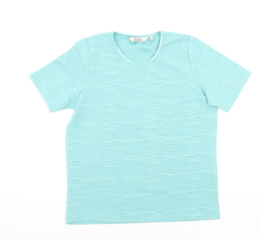 EWM Womens Blue Geometric Polyester Basic T-Shirt Size M Round Neck