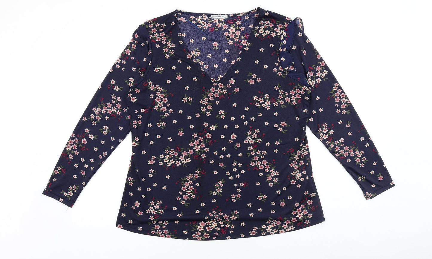 Encuentro Womens Blue Floral Viscose Basic Blouse Size XL V-Neck