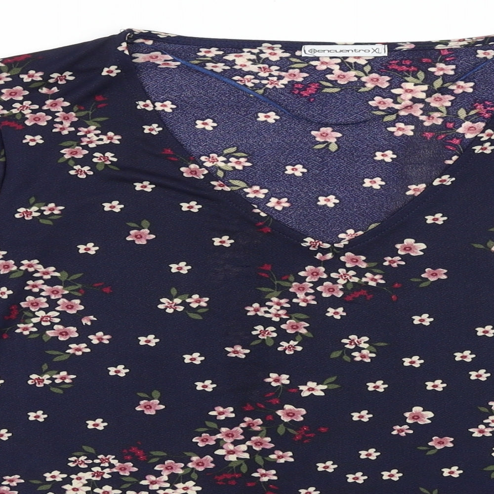 Encuentro Womens Blue Floral Viscose Basic Blouse Size XL V-Neck