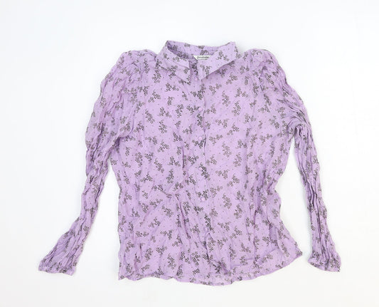 Stradivarius Womens Purple Floral Polyester Basic Button-Up Size L Collared