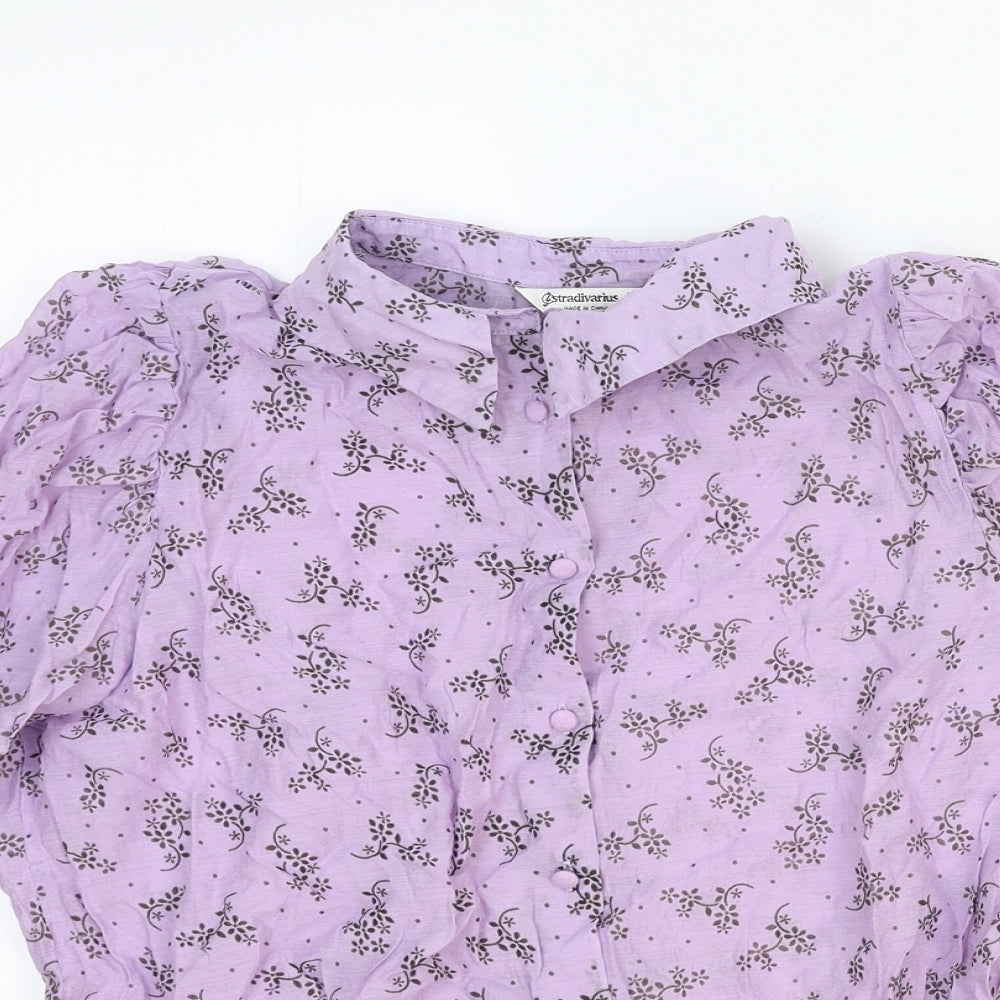 Stradivarius Womens Purple Floral Polyester Basic Button-Up Size L Collared