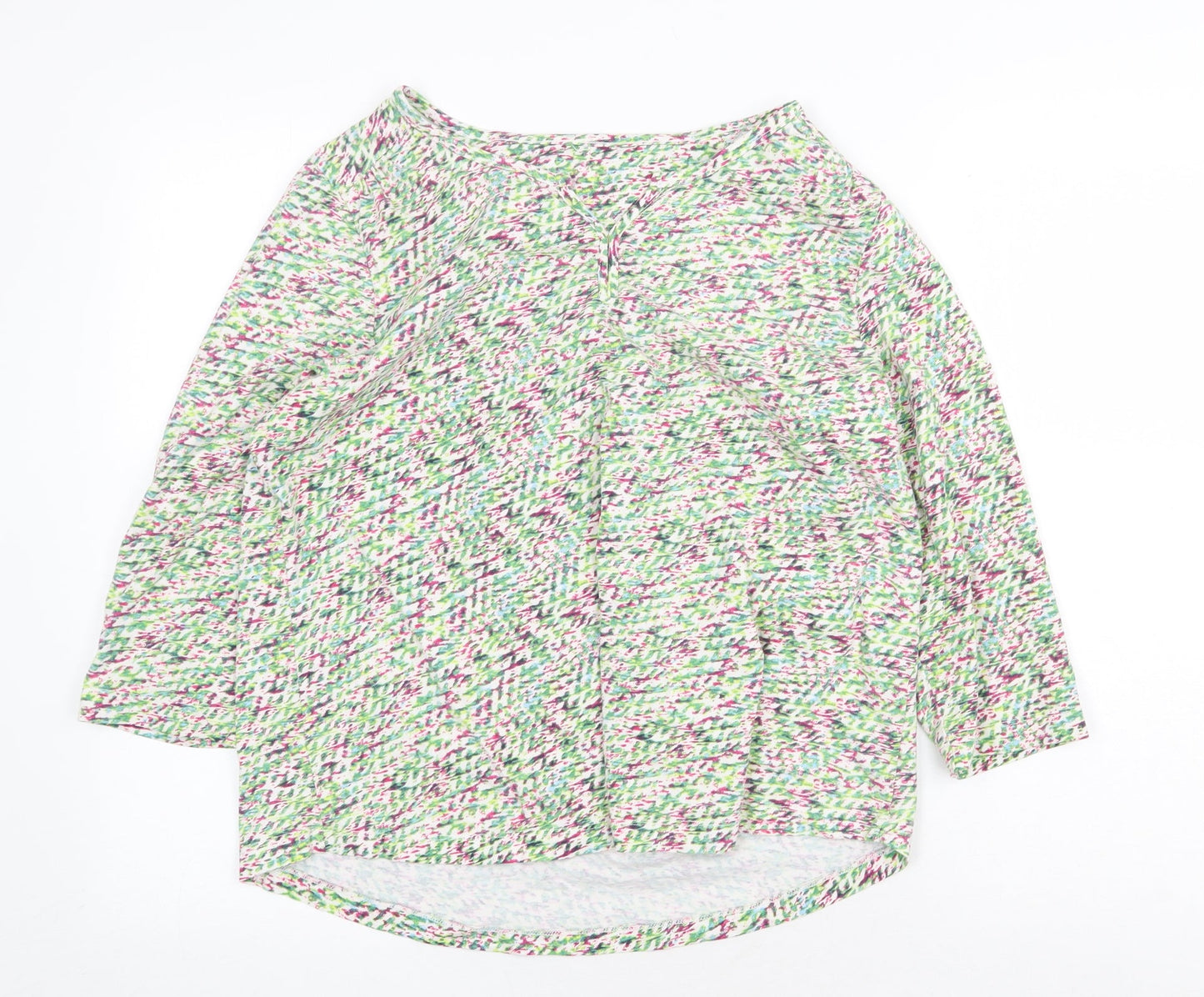 Preworn Womens Green Geometric Cotton Basic Blouse Size 10 V-Neck