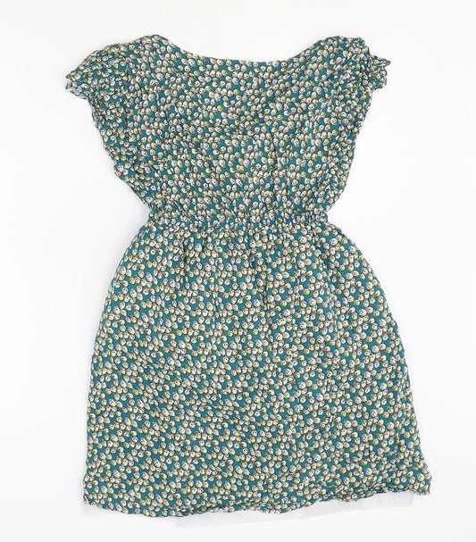 Shikka London Womens Green Geometric Cotton Fit & Flare Size S V-Neck Button - Size S-M
