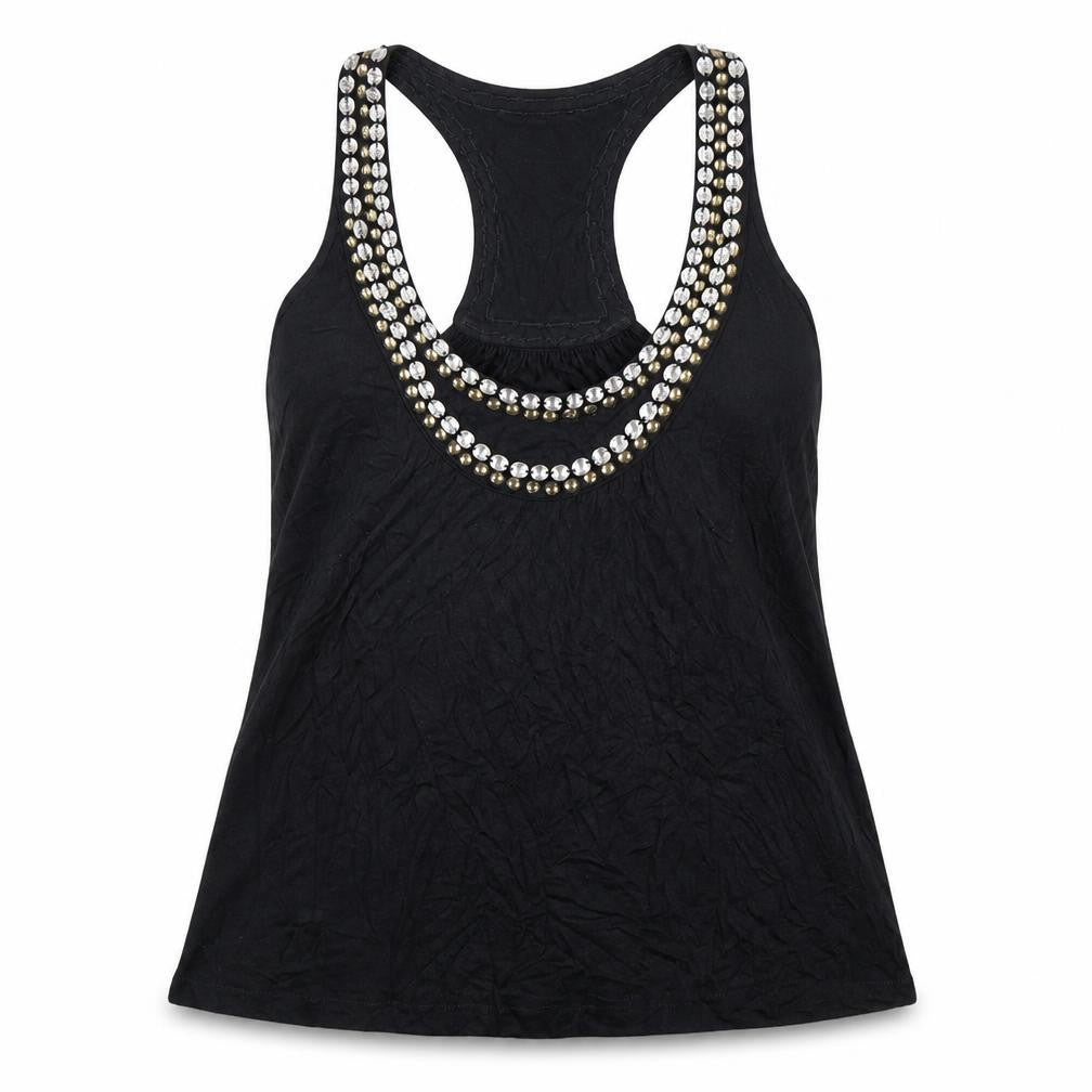 P-Chi Womens Black Viscose Basic Tank Size L Round Neck