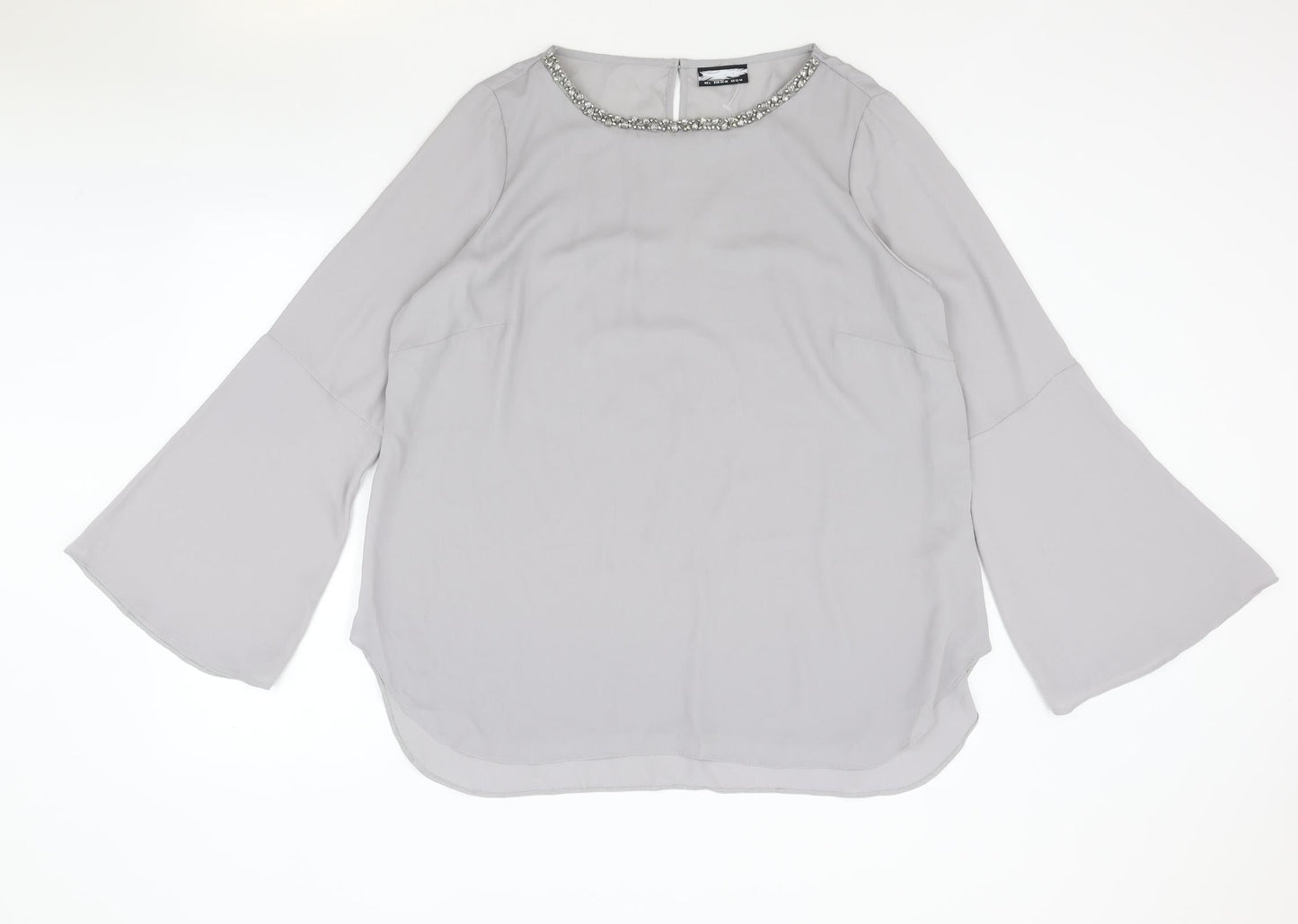Preworn Womens Grey Polyester Basic Blouse Size L Boat Neck - Flute Sleeve