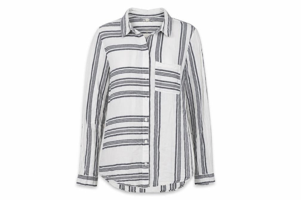 M&Co Womens Grey Striped Cotton Basic Button-Up Size 10 Collared