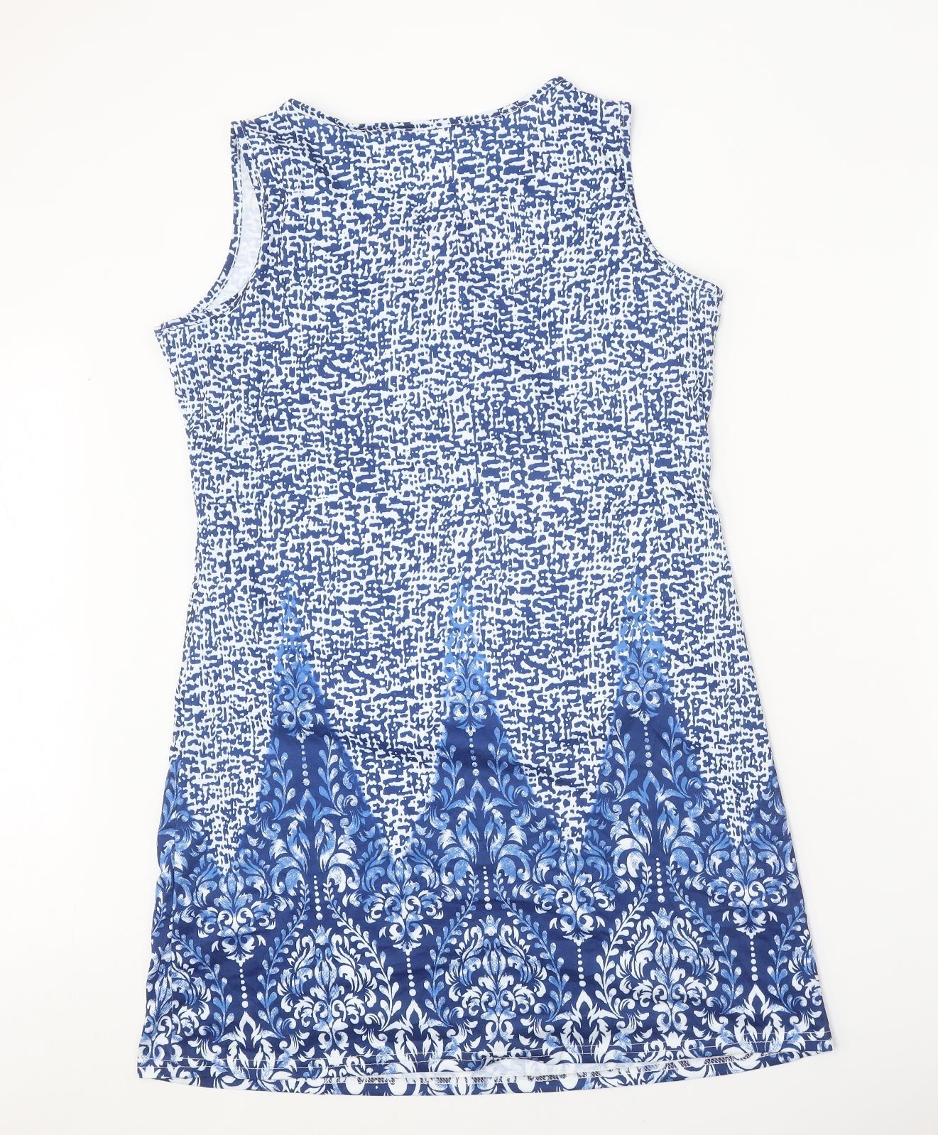 Preworn Womens Blue Geometric Polyester Shift Size L Round Neck Pullover - Ring Detail