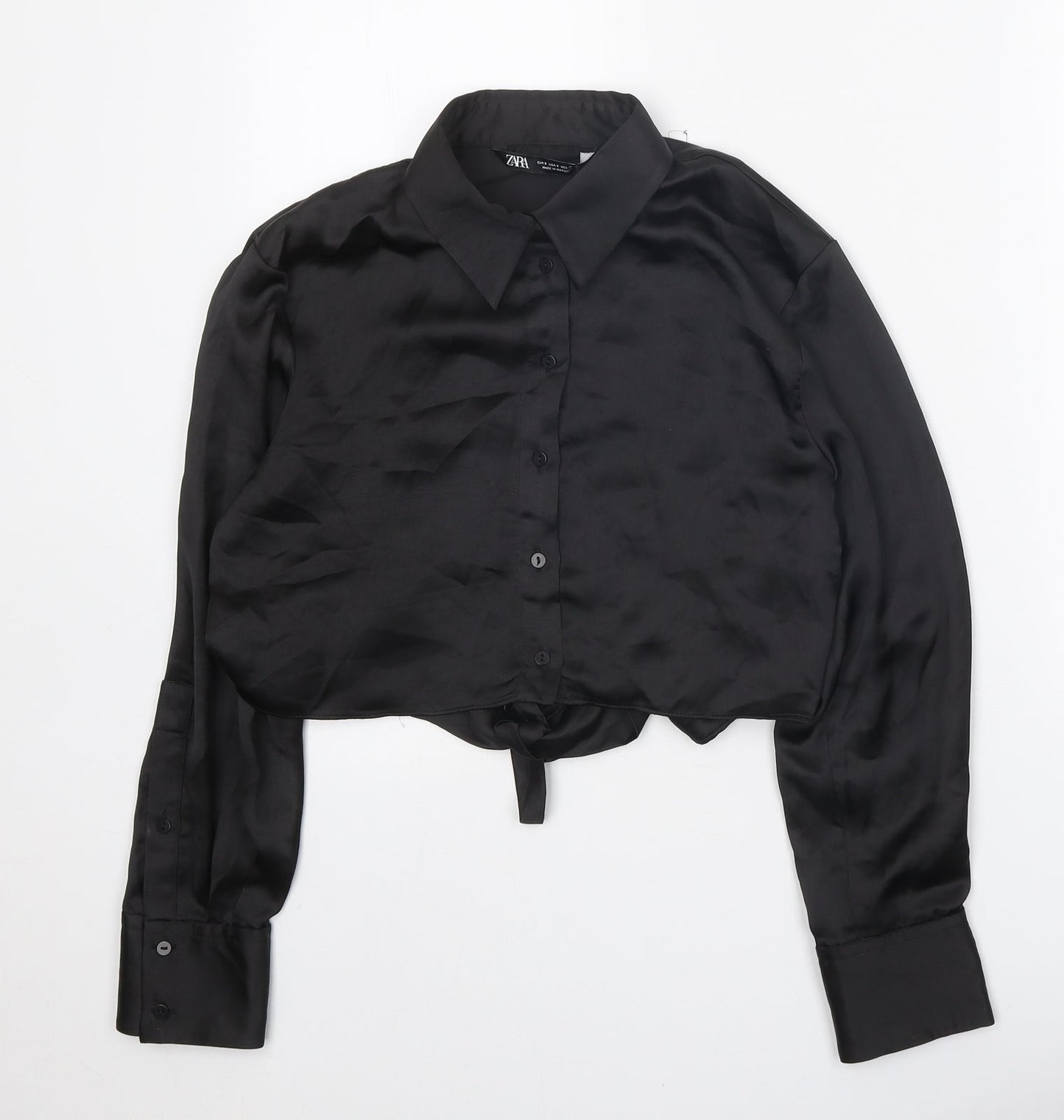 Zara Womens Black Polyester Basic Button-Up Size S Collared