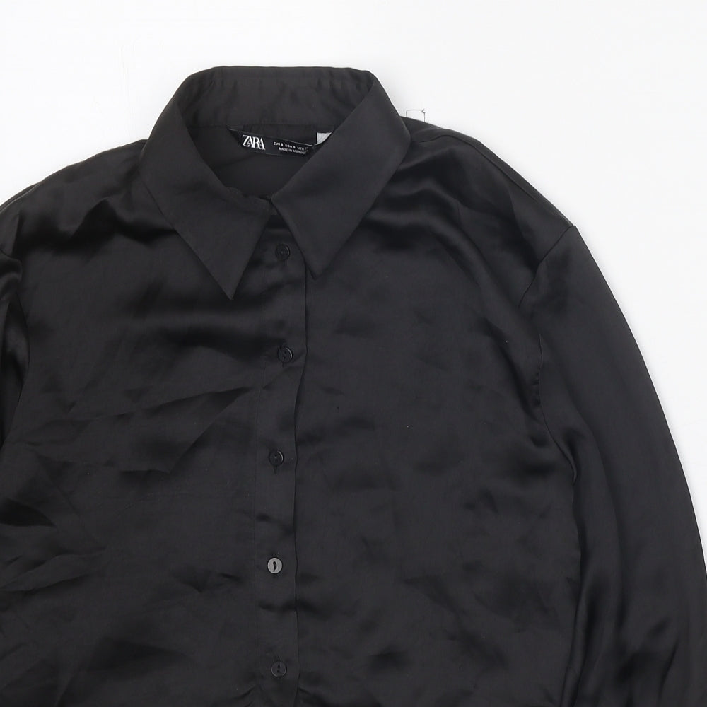 Zara Womens Black Polyester Basic Button-Up Size S Collared