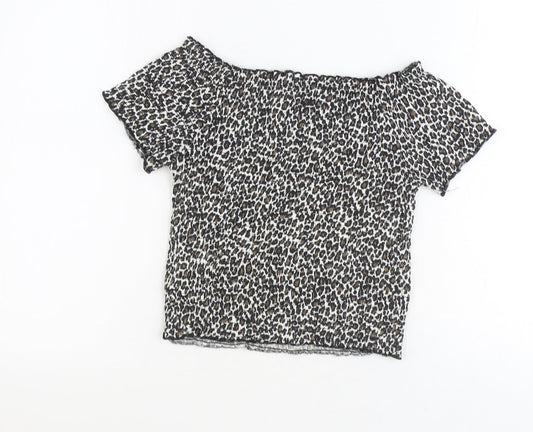 Primark Girls Brown Animal Print Polyester Basic Blouse Size 13 Years Off the Shoulder Pullover