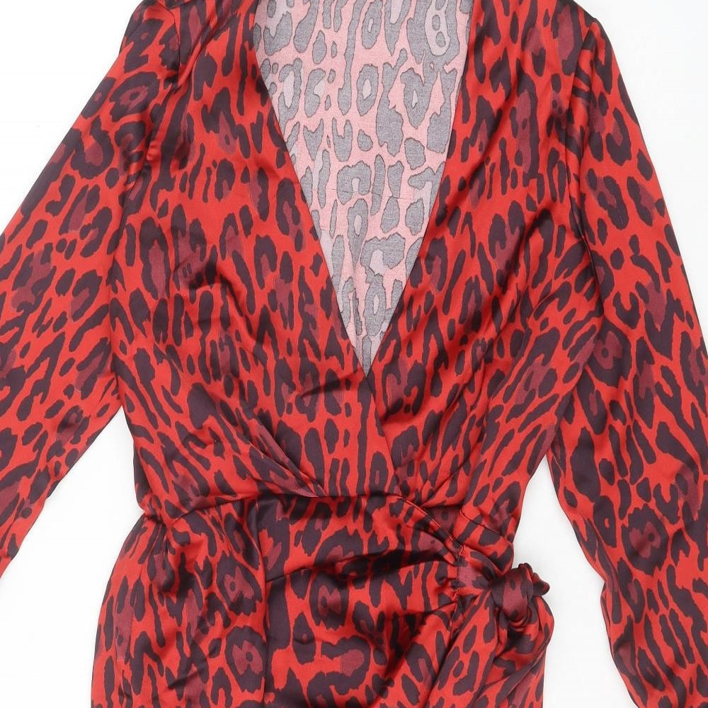 Zara Womens Red Animal Print Polyester Shift Size XS V-Neck Tie - Leopard Print
