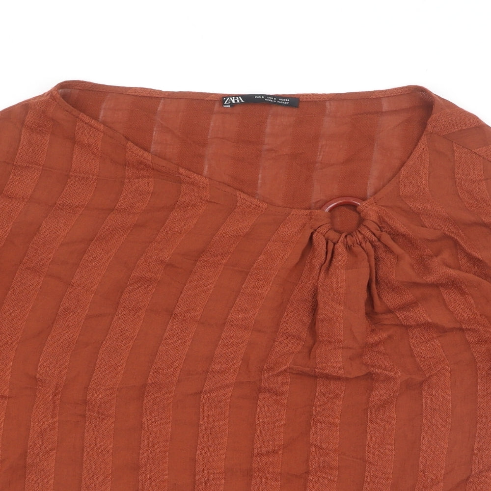 Zara Womens Brown Polyester Basic T-Shirt Size S Round Neck