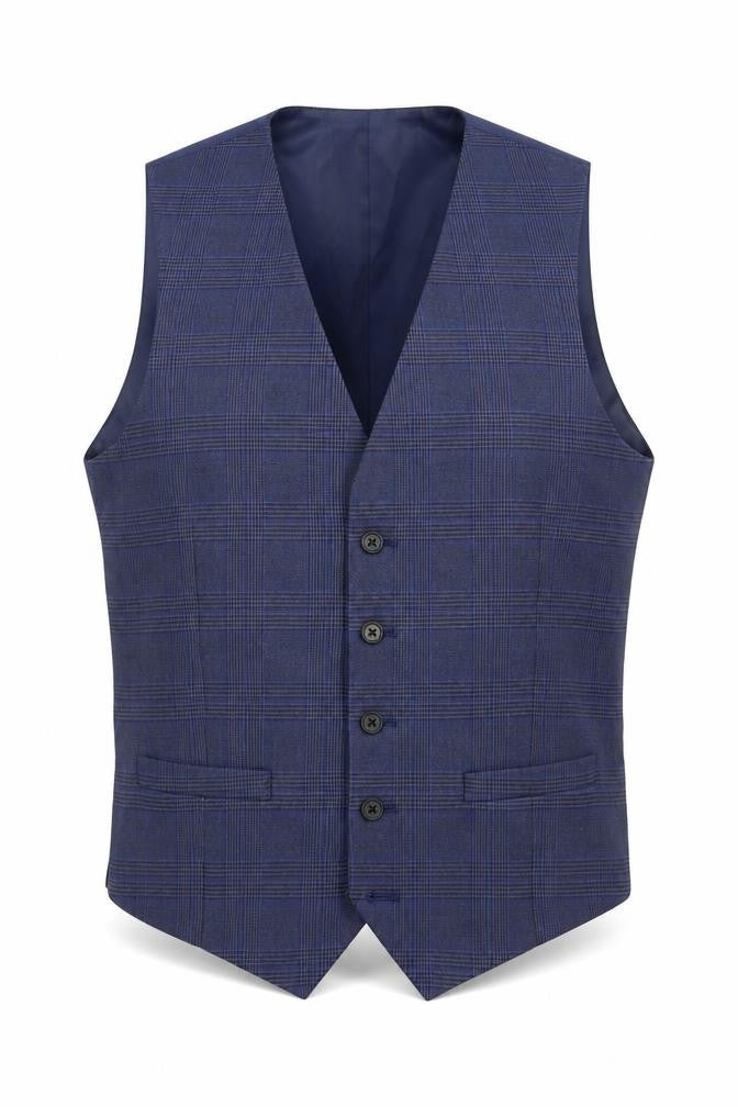 Marks and Spencer Mens Blue Plaid Polyester Jacket Suit Waistcoat Size S Regular