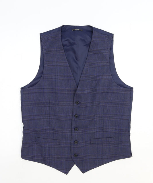 Marks and Spencer Mens Blue Plaid Polyester Jacket Suit Waistcoat Size L Regular