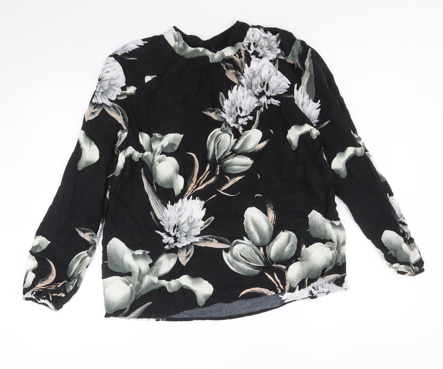 NU Womens Black Floral Viscose Basic Blouse Size L Mock Neck