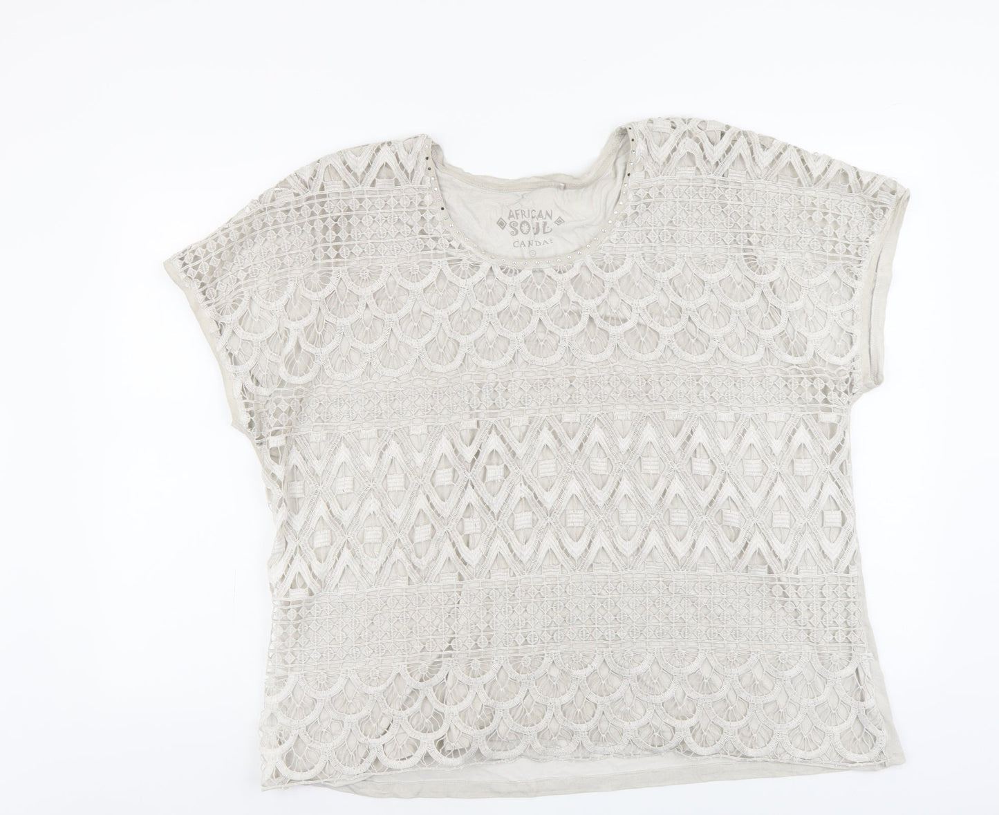 African Soul Womens Beige Geometric Cotton Basic T-Shirt Size XL Round Neck - Lace Detail