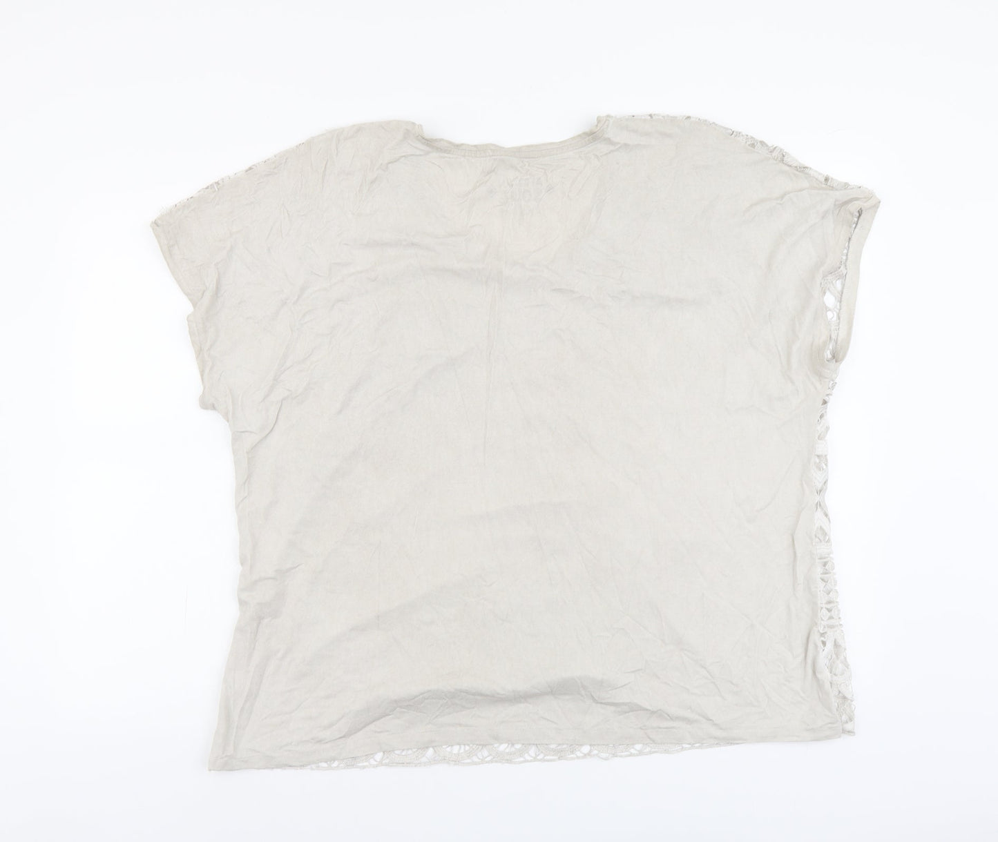 African Soul Womens Beige Geometric Cotton Basic T-Shirt Size XL Round Neck - Lace Detail
