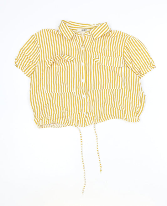 Pull&Bear Womens Yellow Striped Viscose Basic Button-Up Size S Collared