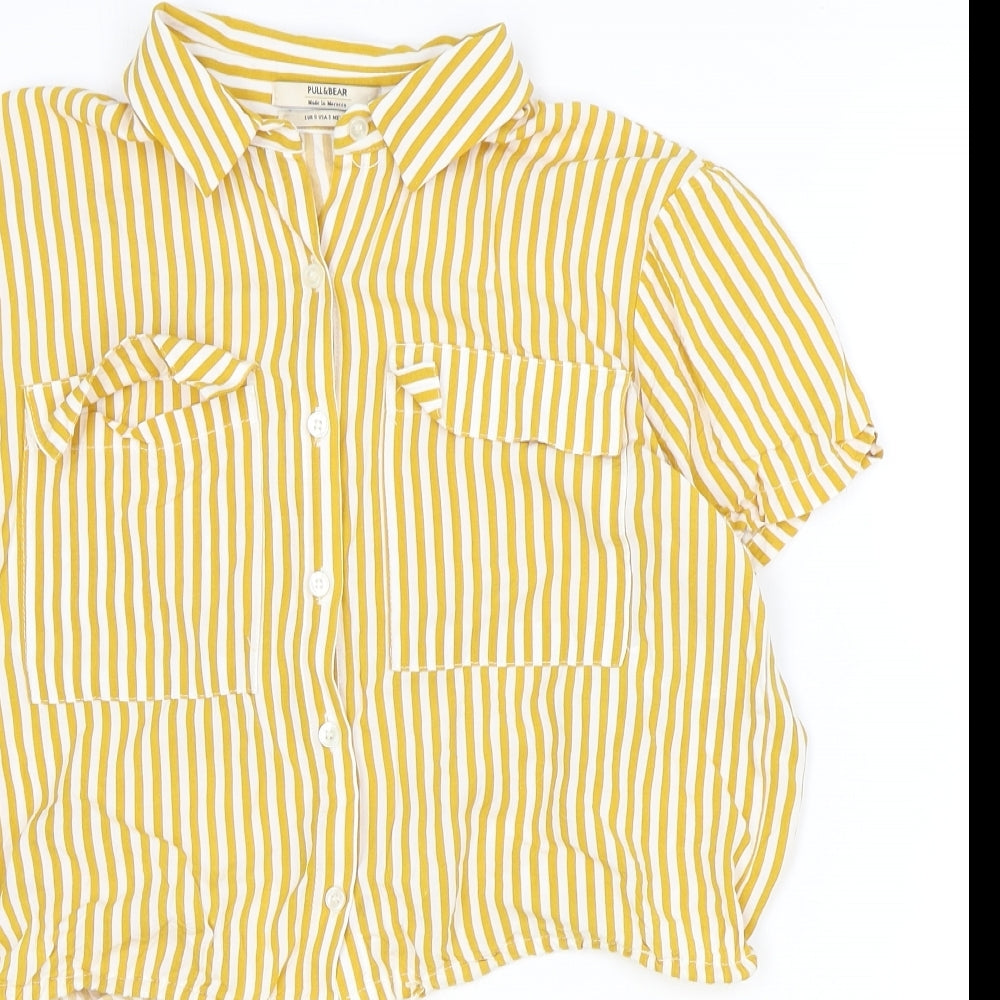Pull&Bear Womens Yellow Striped Viscose Basic Button-Up Size S Collared