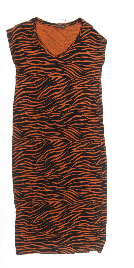 Marks and Spencer Womens Orange Animal Print Viscose Sheath Size 8 V-Neck Pullover