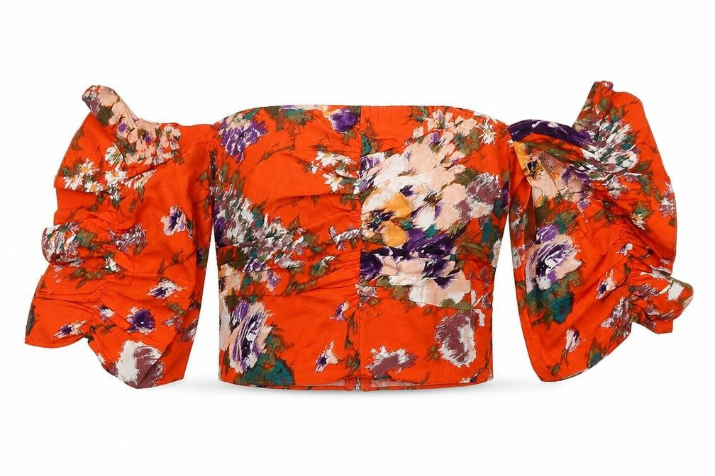 H&M Womens Red Floral Cotton Cropped Tank Size 10 Off the Shoulder