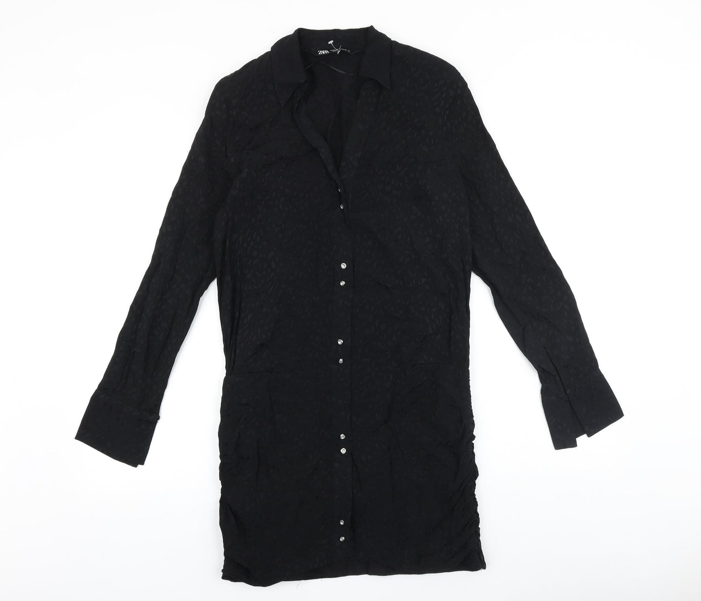Zara Womens Black Geometric Polyester Shirt Dress Size S V-Neck Button