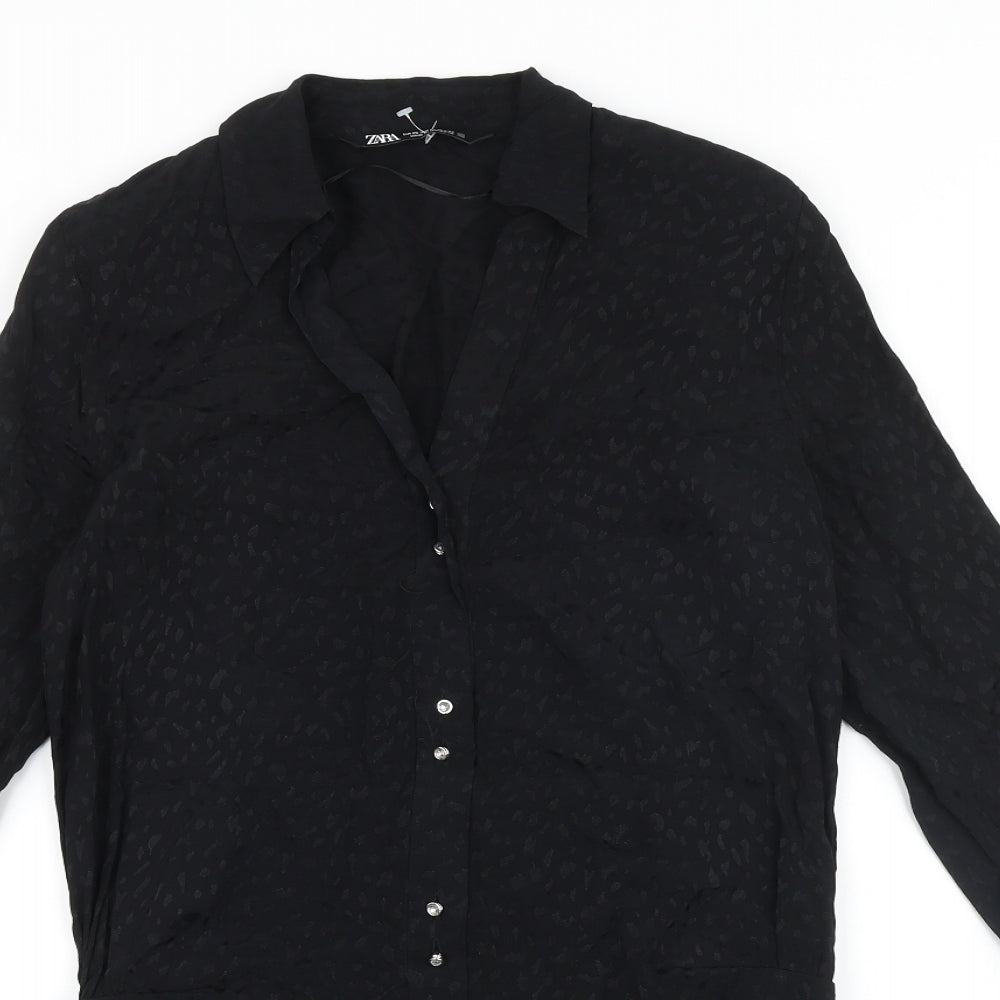Zara Womens Black Geometric Polyester Shirt Dress Size S V-Neck Button