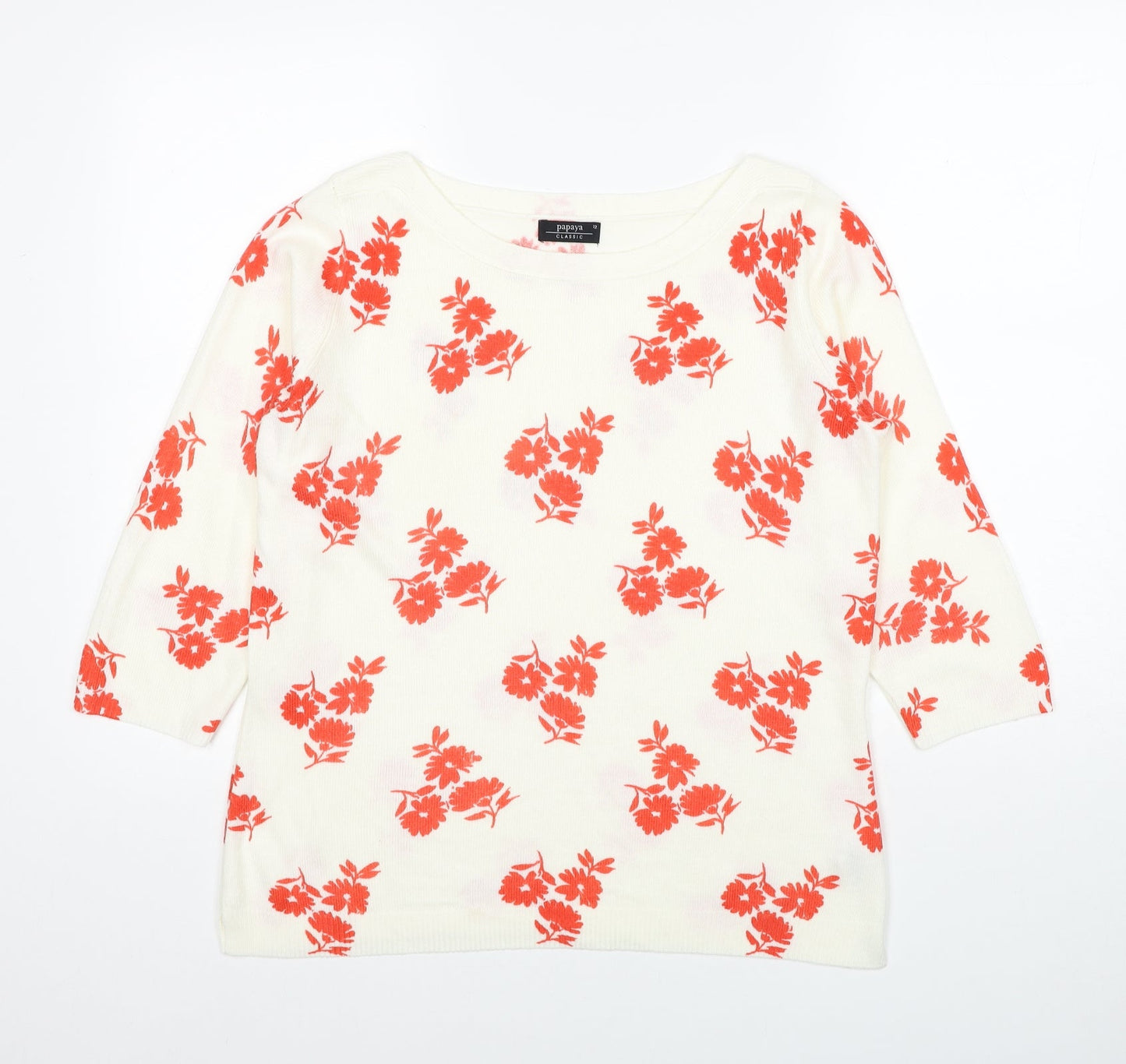 Papaya Womens White Round Neck Floral Acrylic Pullover Jumper Size 10