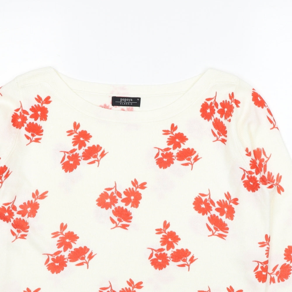 Papaya Womens White Round Neck Floral Acrylic Pullover Jumper Size 10