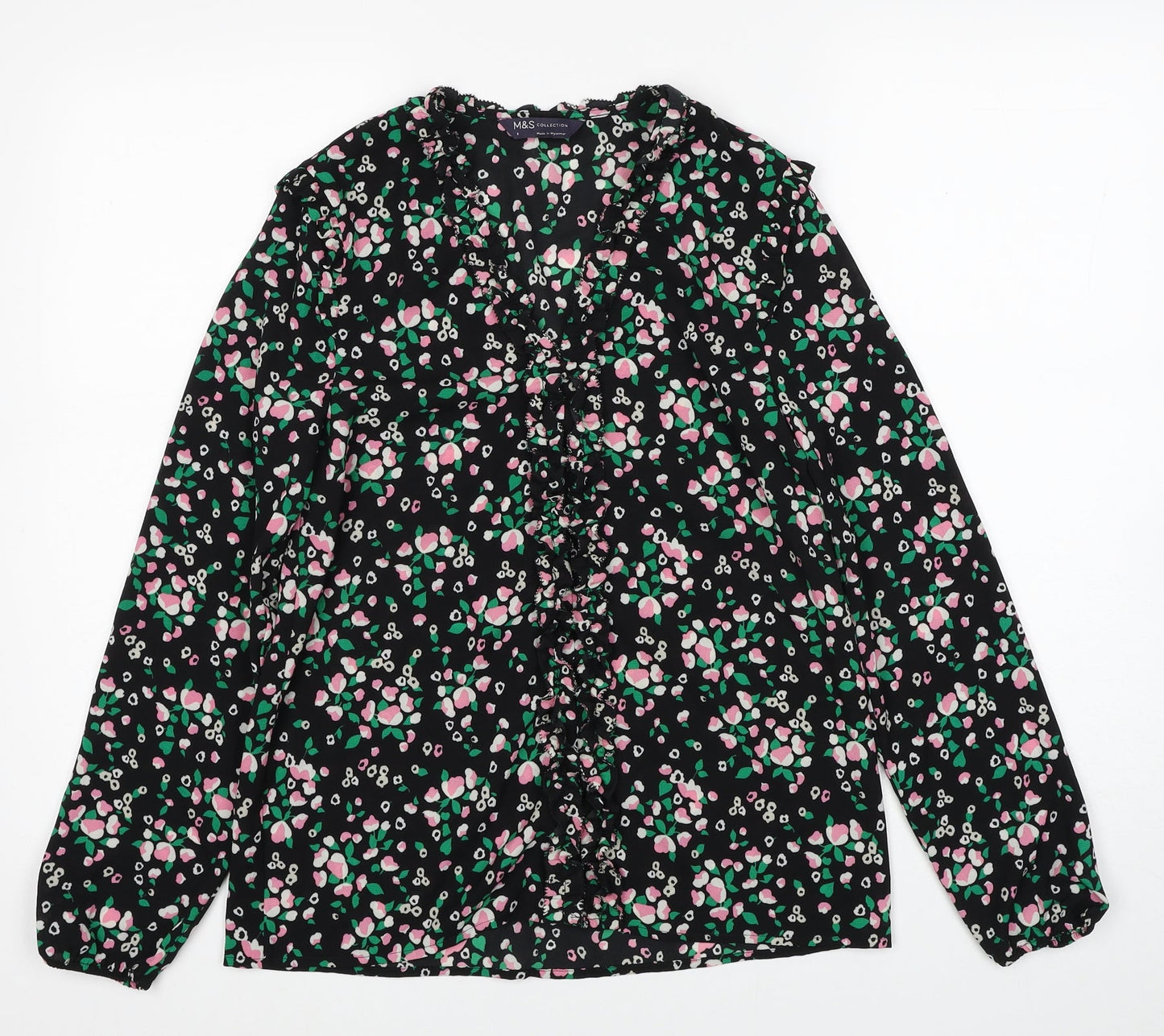 Marks and Spencer Womens Black Geometric Polyester Basic Blouse Size 8 V-Neck