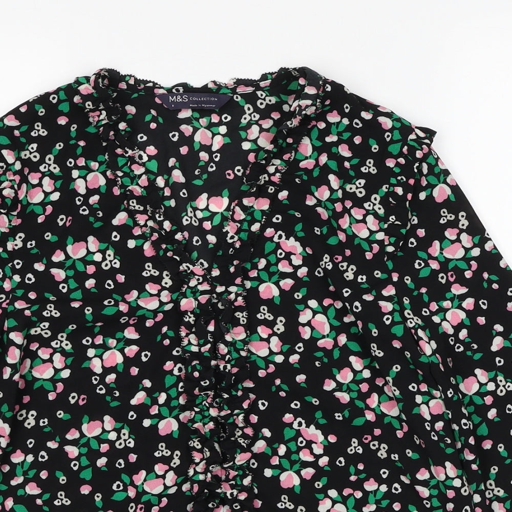 Marks and Spencer Womens Black Geometric Polyester Basic Blouse Size 8 V-Neck