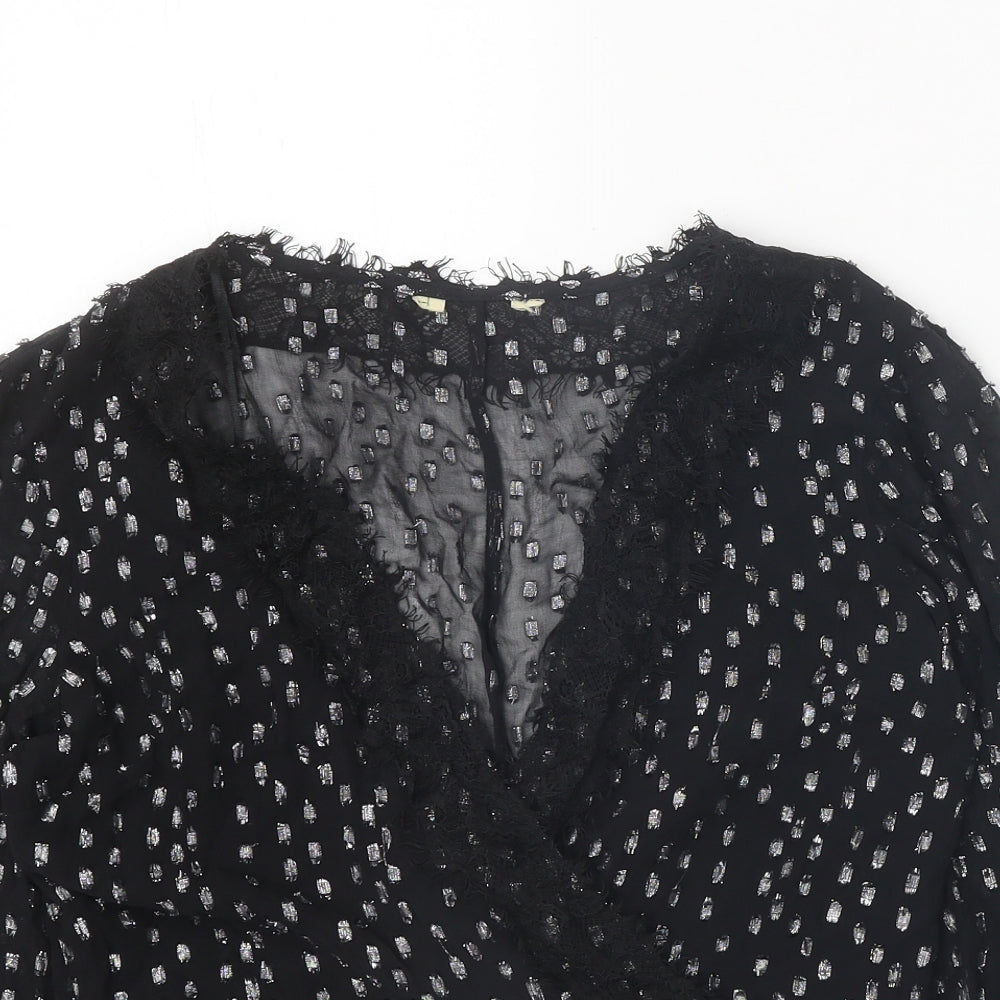 Preworn Womens Black Geometric Viscose Basic Blouse Size 10 V-Neck
