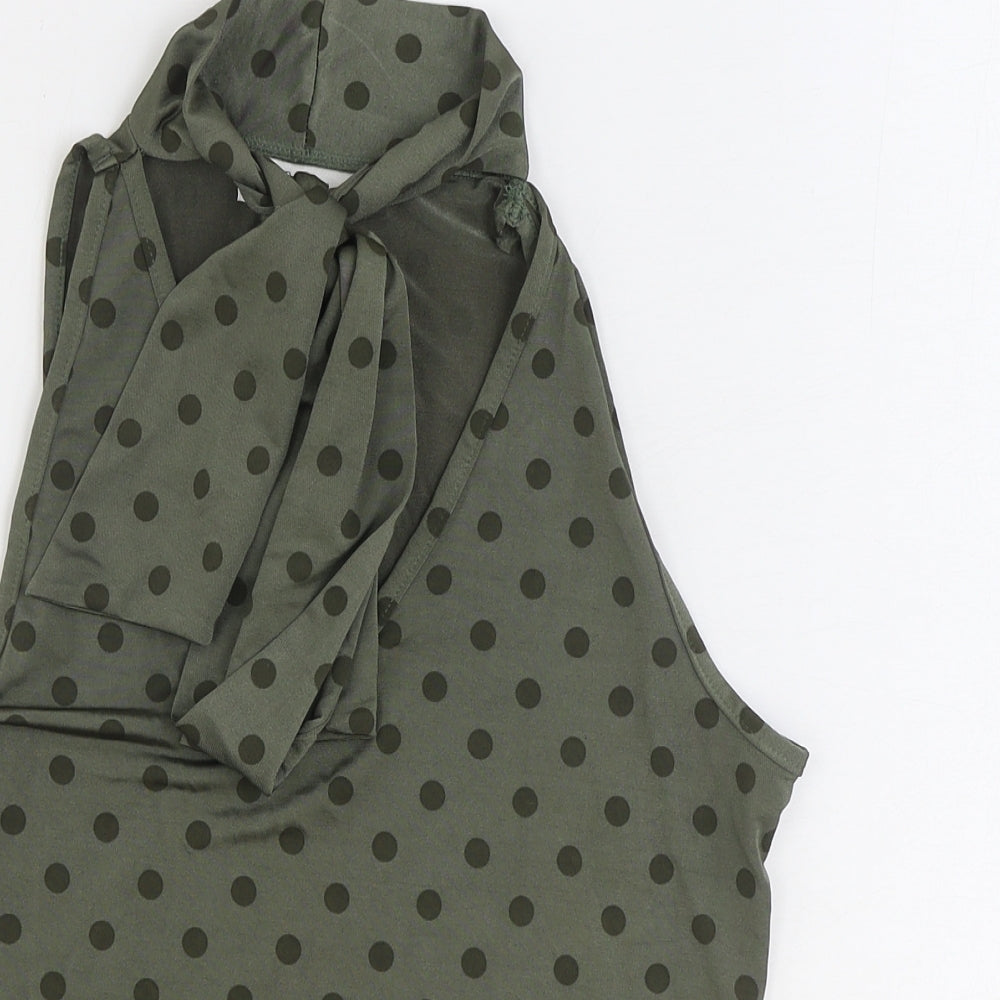 Classic Womens Green Polka Dot Polyester Basic Tank Size 14 V-Neck - Pussy Bow Neck