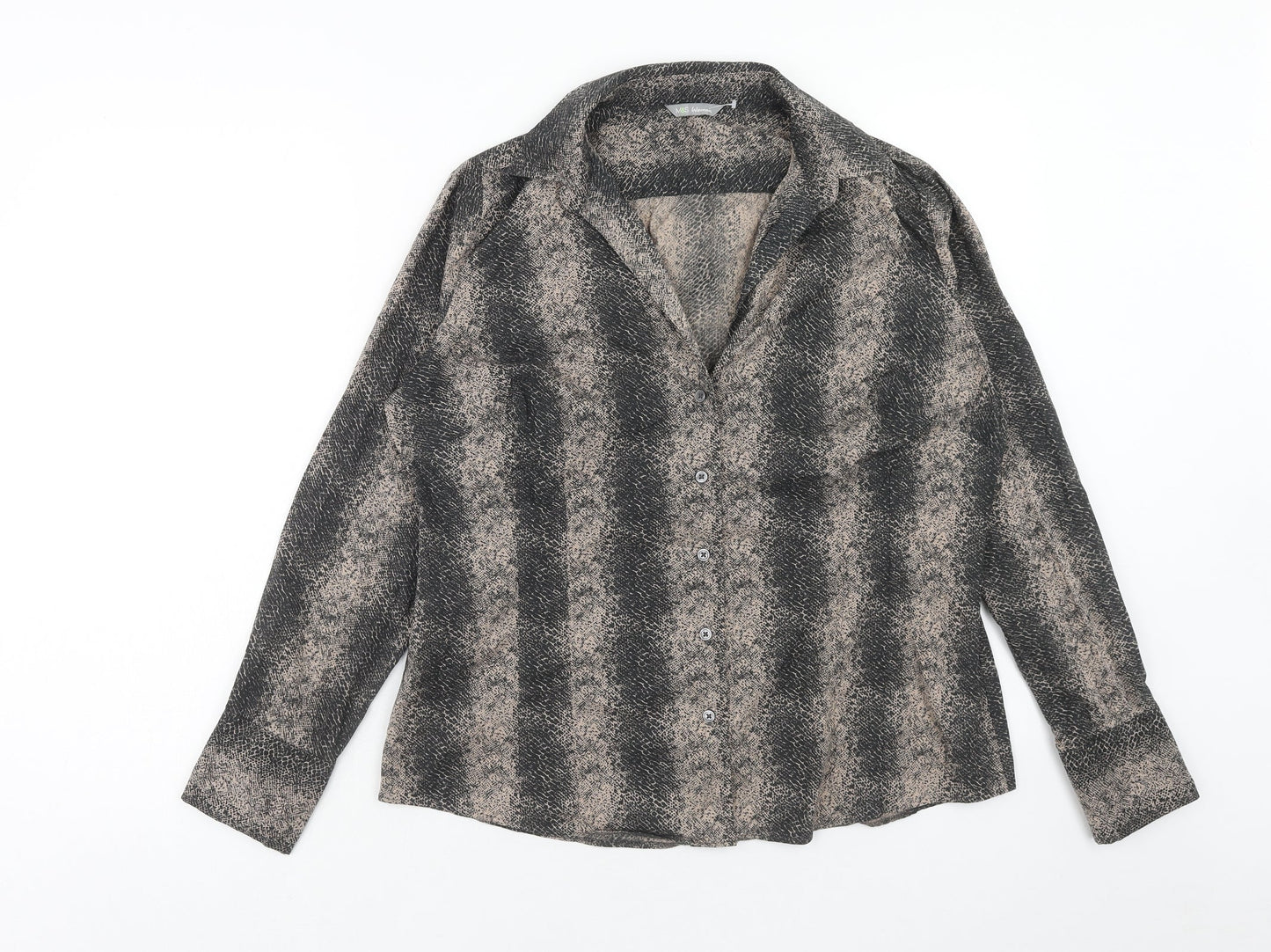 Marks and Spencer Womens Brown Geometric Cotton Basic Button-Up Size 14 V-Neck