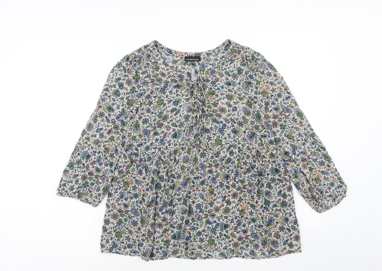 Warehouse Womens Multicoloured Floral Viscose Basic Blouse Size 12 Round Neck
