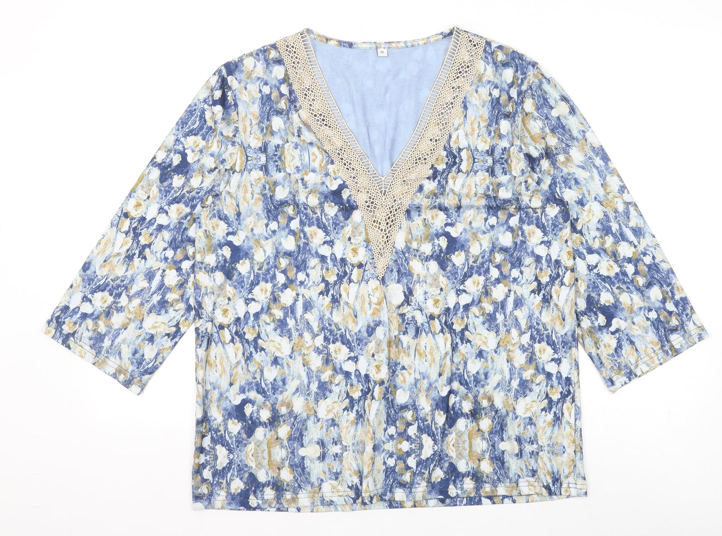 Preworn Womens Blue Geometric Cotton Basic Blouse Size M V-Neck - Lace Detail