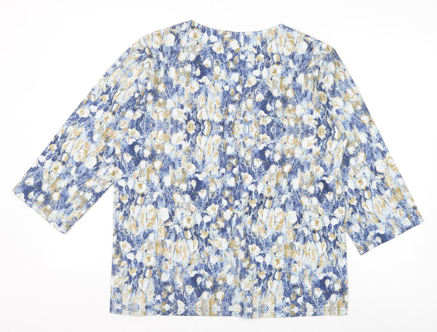 Preworn Womens Blue Geometric Cotton Basic Blouse Size M V-Neck - Lace Detail
