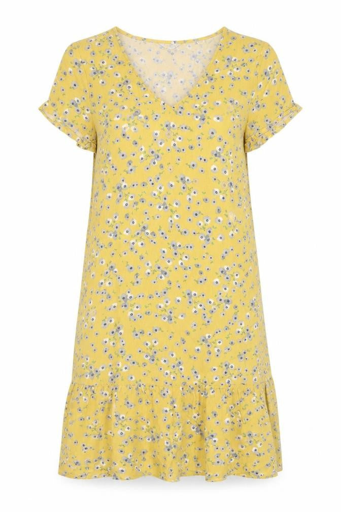 Jack Wills Womens Yellow Floral Viscose T-Shirt Dress Size 6 V-Neck Pullover