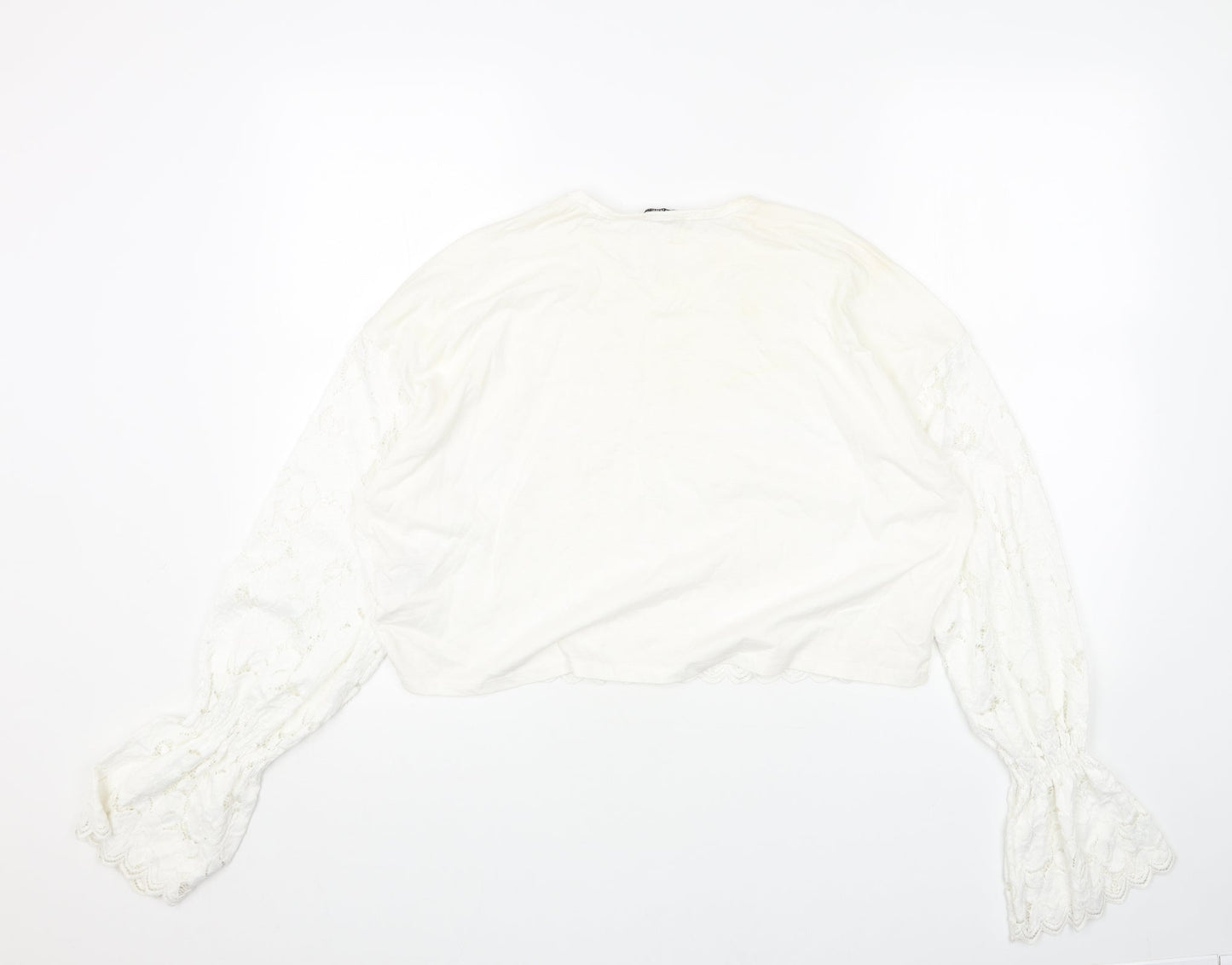 Zara Womens White Floral Cotton Cropped Blouse Size M Round Neck