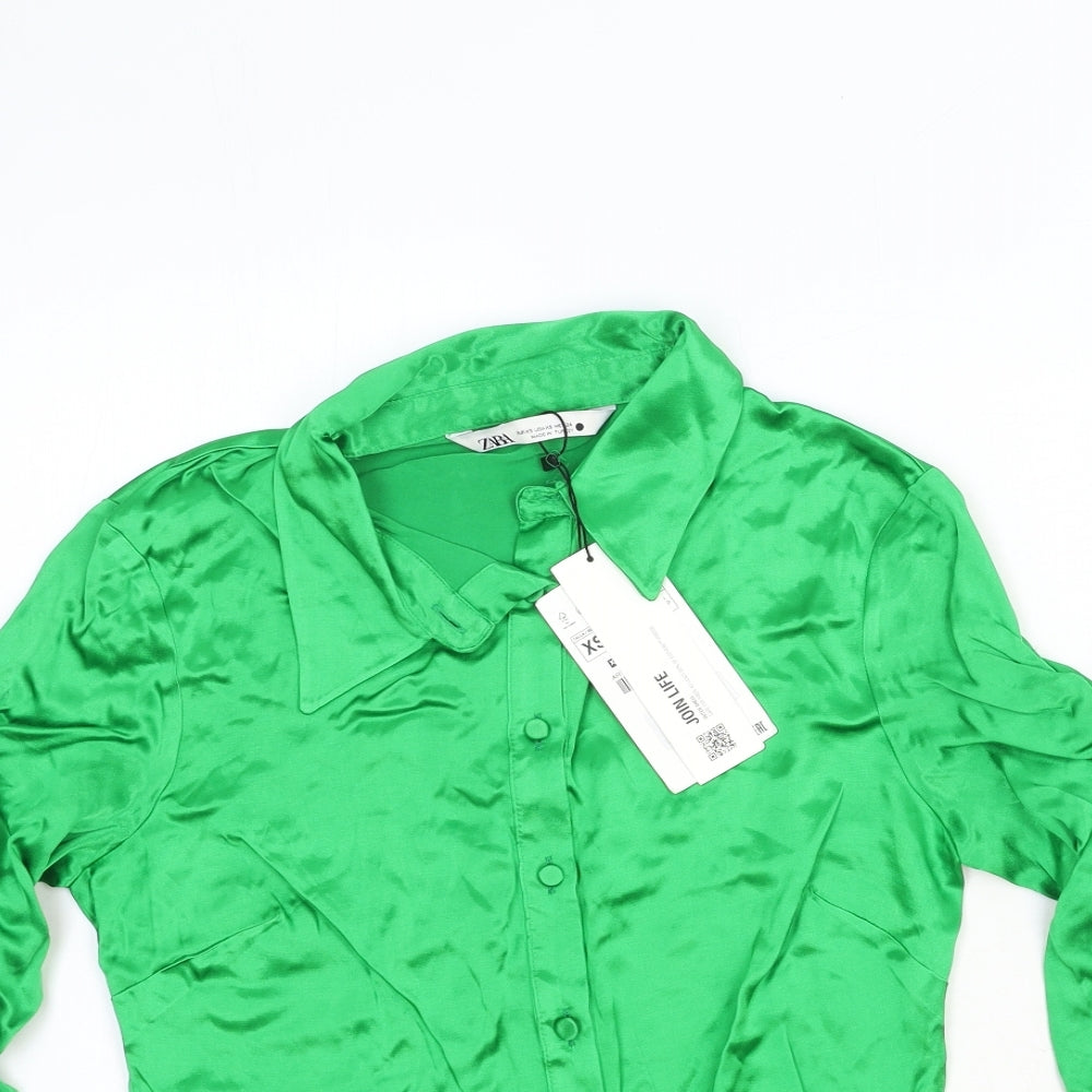 Zara Womens Green Viscose Basic Button-Up Size XS Collared - Ruched Sleeve