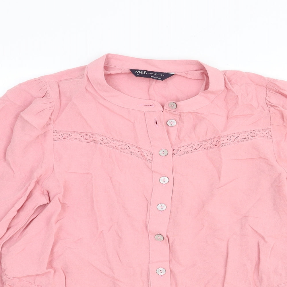 Marks and Spencer Womens Pink Viscose Basic Blouse Size 6 Round Neck - Lace Detail Drawstring Waist