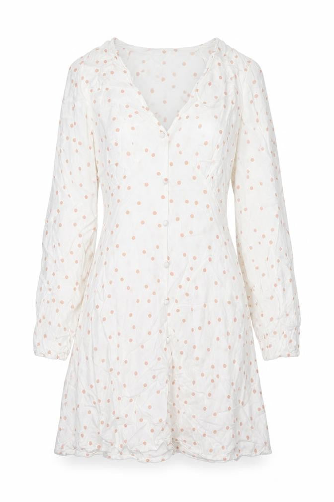 Wednesday's Girl Womens White Polka Dot Viscose Fit & Flare Size S V-Neck Button